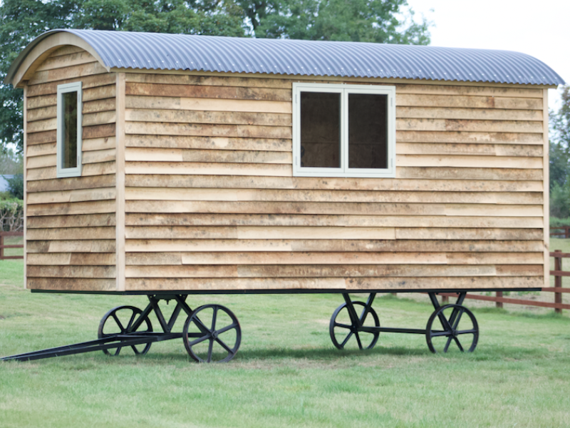 A pre-built 4.8m shepherds hut Shell fitted to a Harrogate Hut's steel chassis.