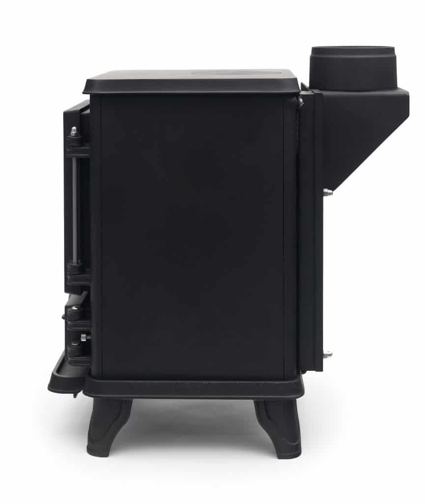 A Harrogate Huts small cast-iron shepherd hut hobbit stove, designed for smaller spaces.