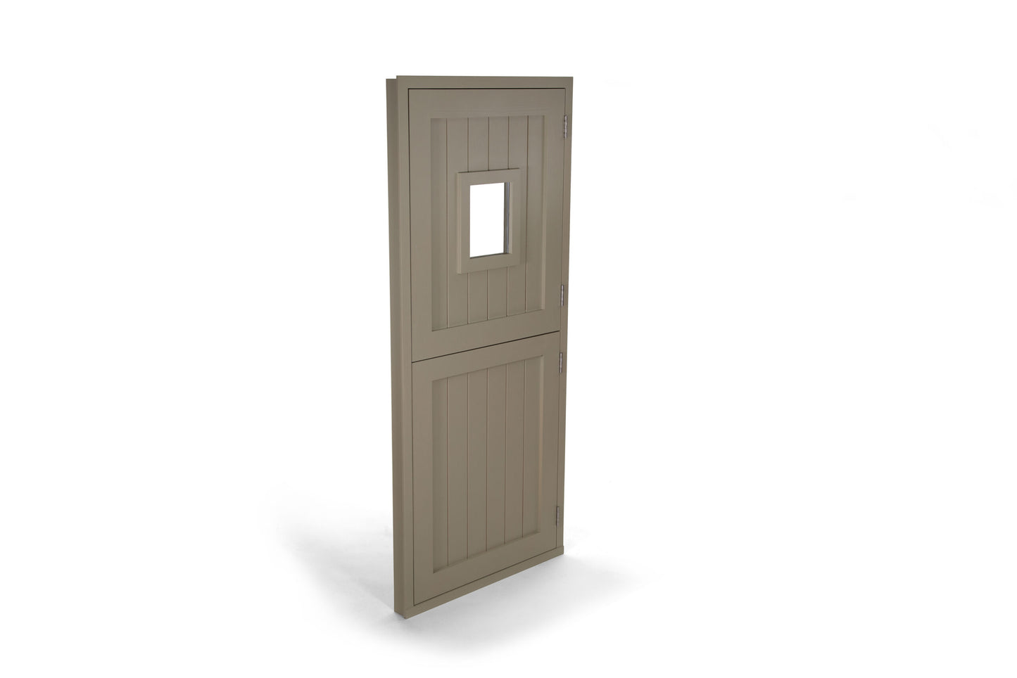 A beige stable door with two separate panels, the top half featuring a small portrait window.