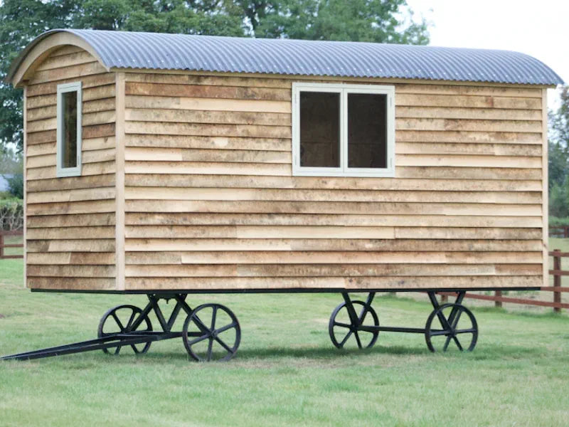 A pre-built 4.8m shepherds hut Shell fitted to a Harrogate Hut's steel chassis.