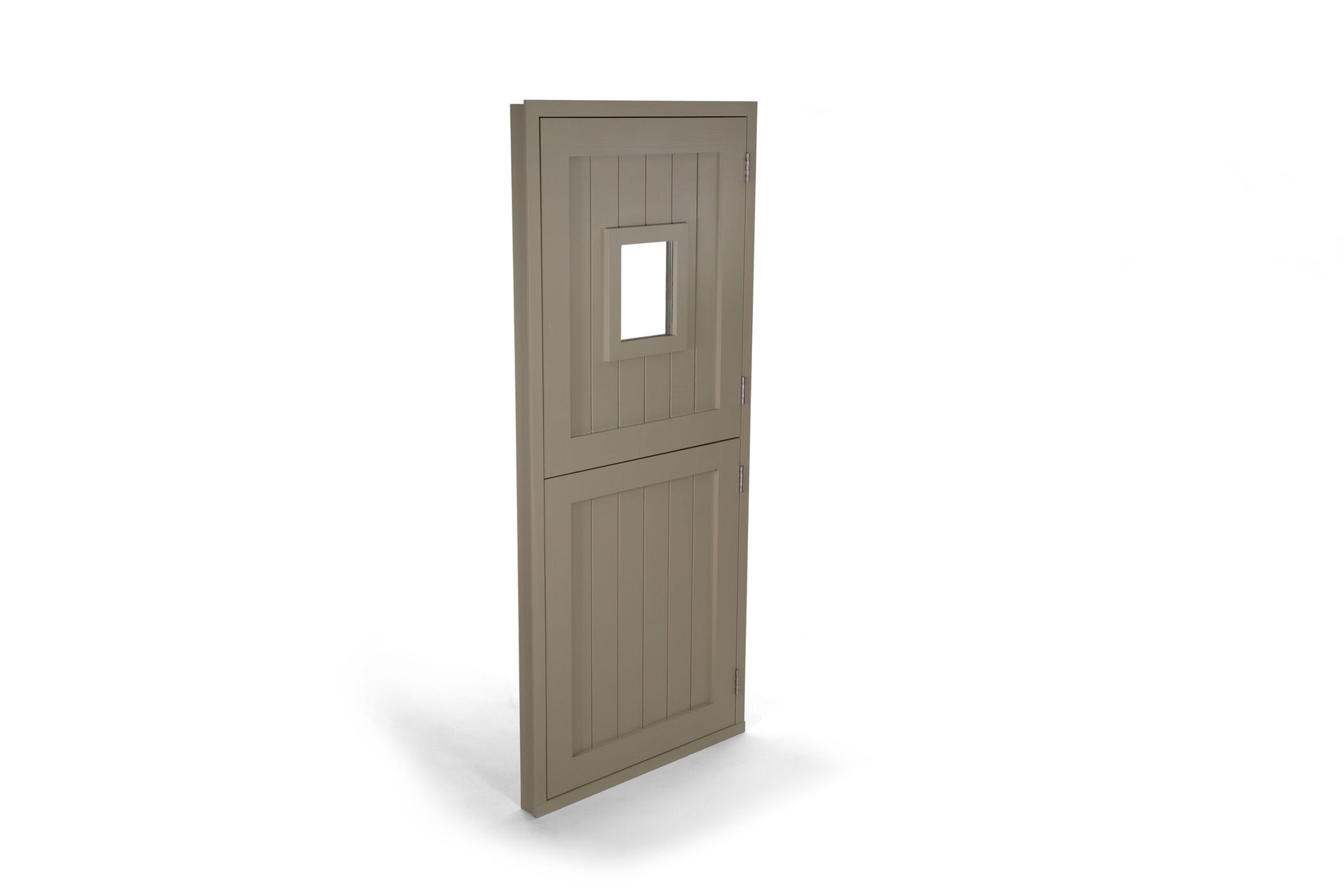 A beige stable door with two separate panels, the top half featuring a small portrait window.